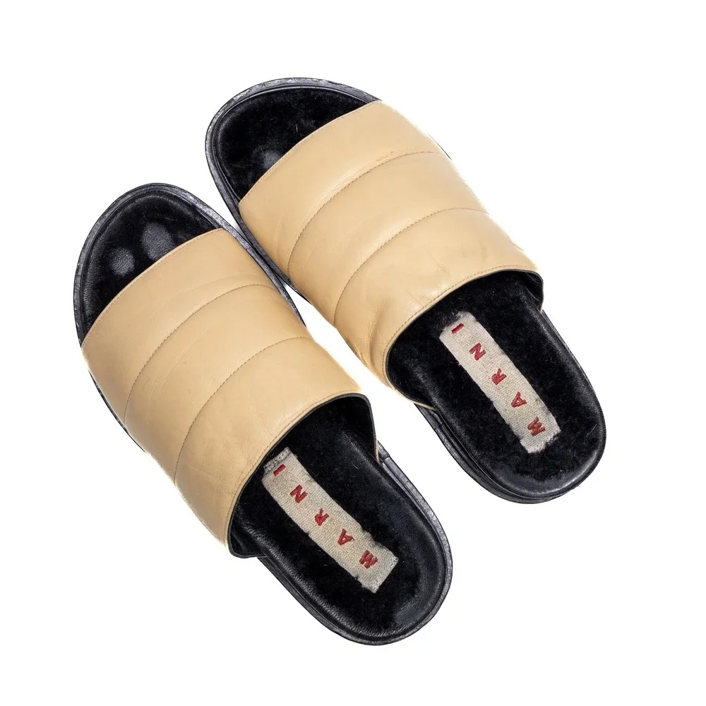 Marni Beige & Black Women's Leather Sheepskin Slides‎ Sandals Sz US 6.5